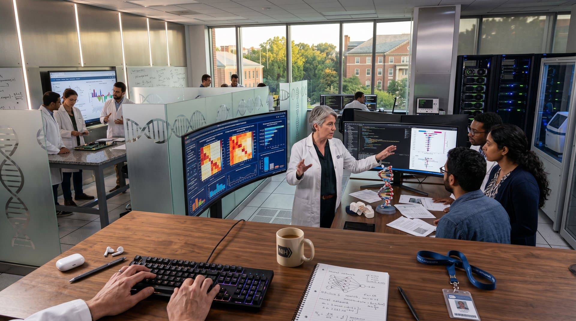 NIH lab screens show AI IPV risk heatmaps amid servers and collaborative desks focused on predictive health tech