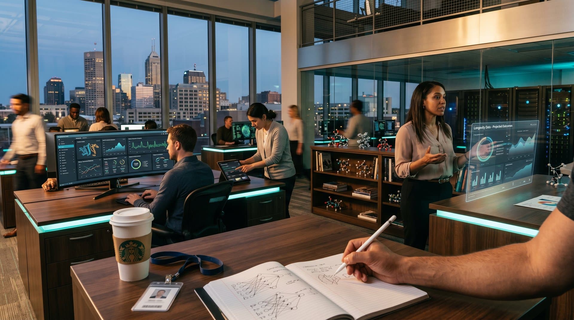 AI dashboards showing longevity biomarkers and crypto charts in modern Indiana tech office with skyline view