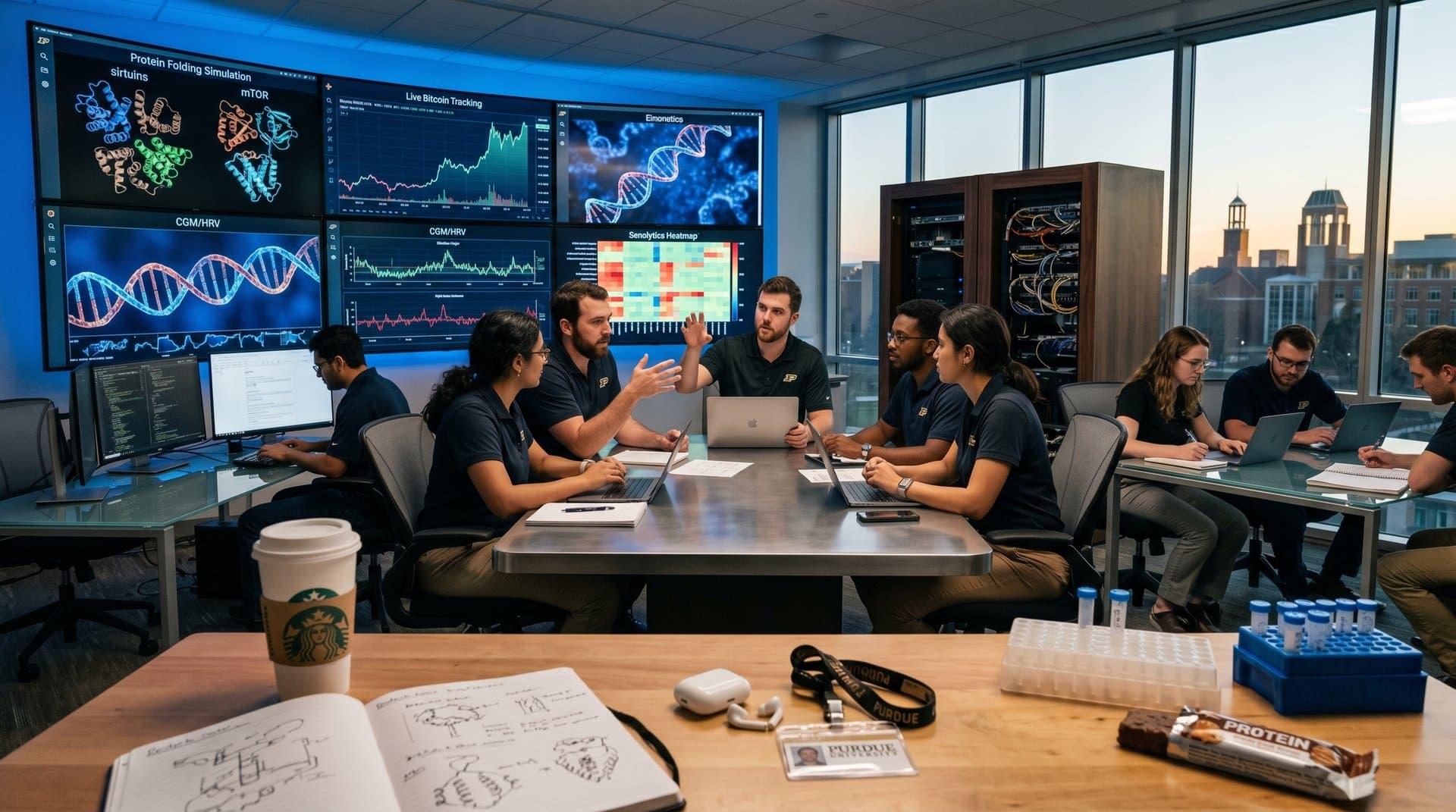 AI dashboard in Indiana tech hub showing longevity protein models, BTC charts, and wellness data amid server racks