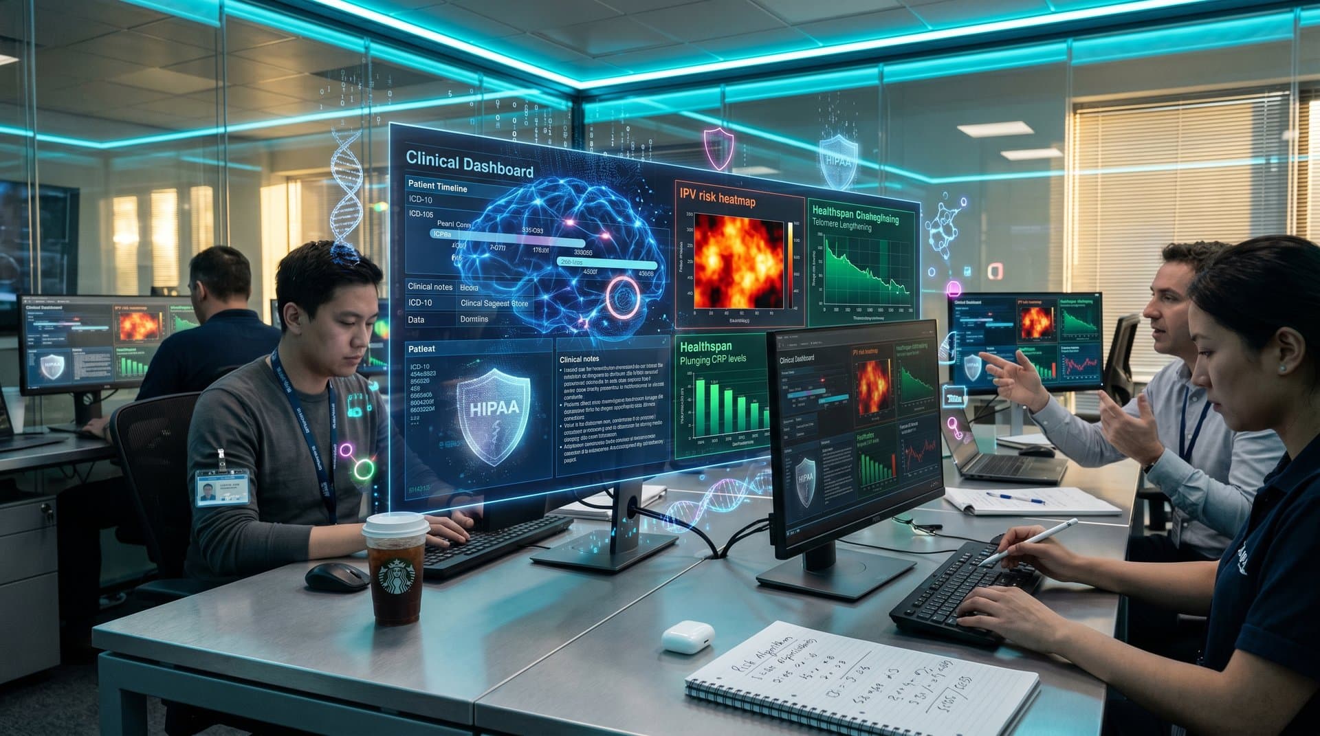 AI neural networks analyzing EHR data with IPV risk heatmaps and healthspan graphs in digital interface