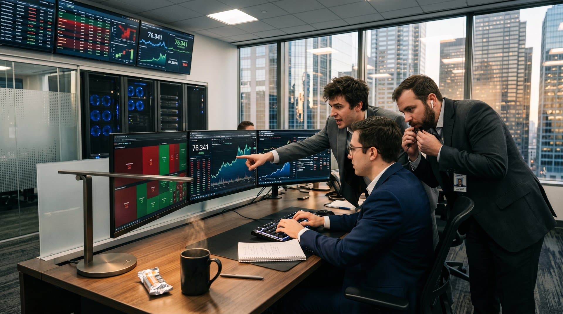AI fraud detection dashboards and crypto market charts on multi-monitor setups in high-tech compliance room