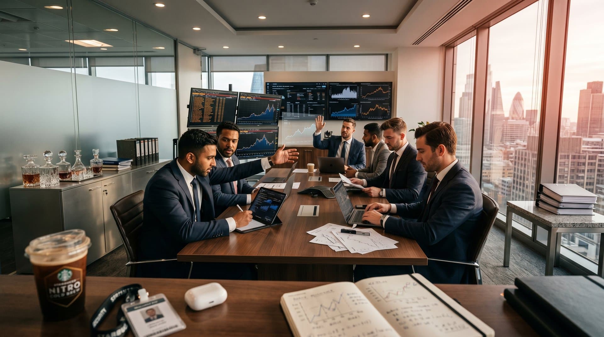 Modern wealth suite with Bloomberg terminals, AI screens, and crypto charts overlooking skyline