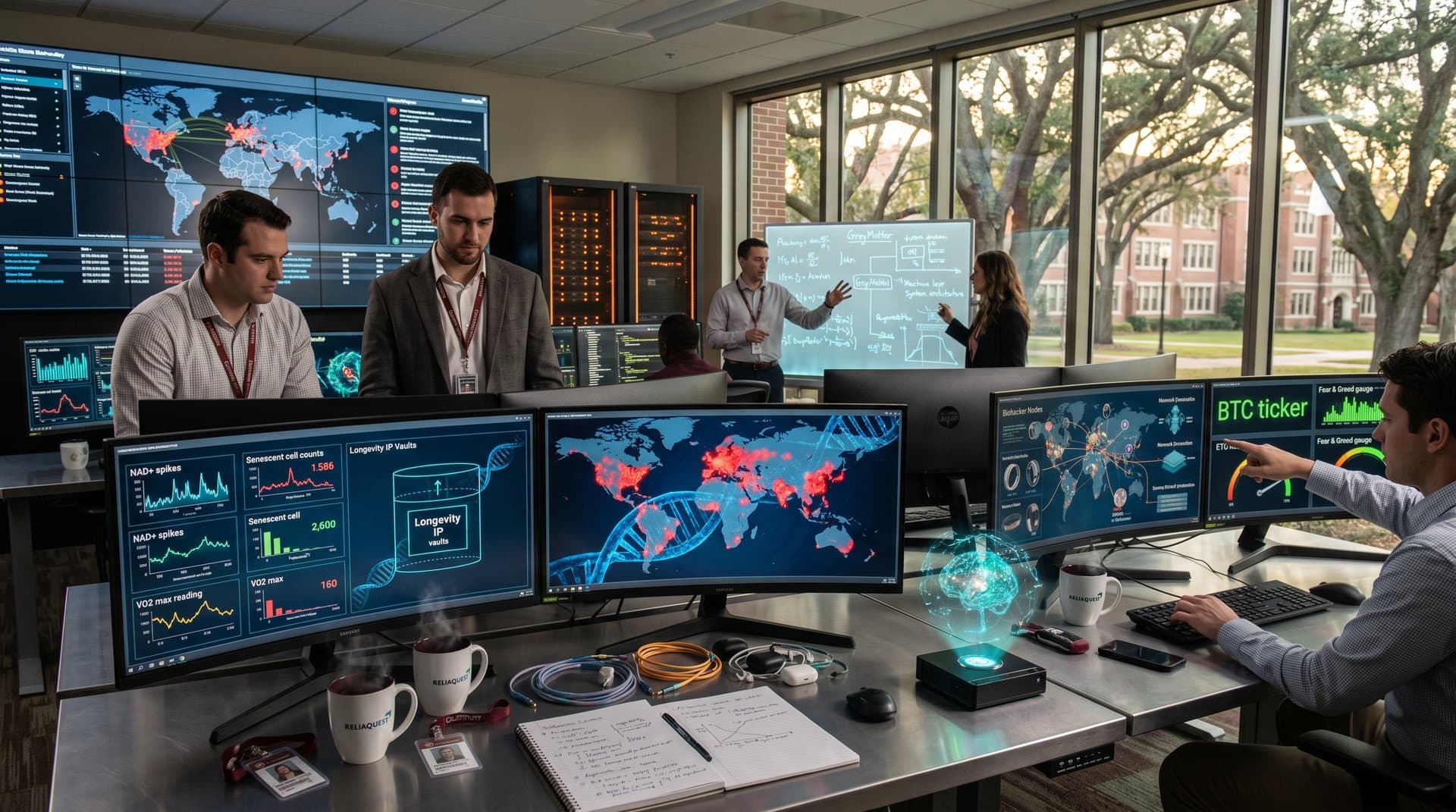 Analysts at desks monitor AI cybersecurity screens with threat maps, genomic data, and server racks in FSU's modern operations center