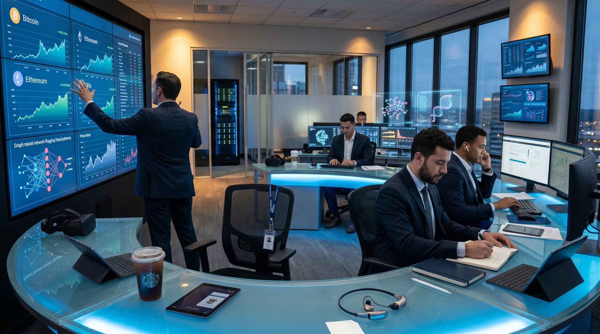AI compliance dashboards and blockchain analysis in a modern operations center