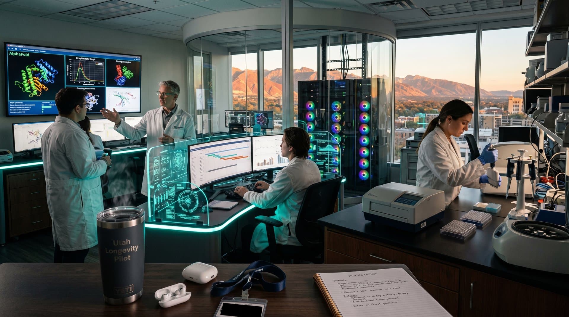 Holographic 3D drug molecules and AI screens in futuristic lab for repurposed pharmaceuticals