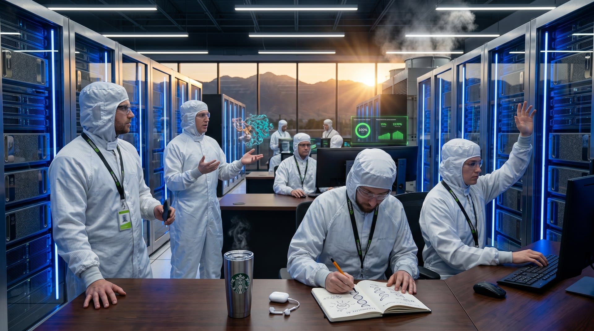 Utah data center with AI servers displaying genomic simulations and mountain view