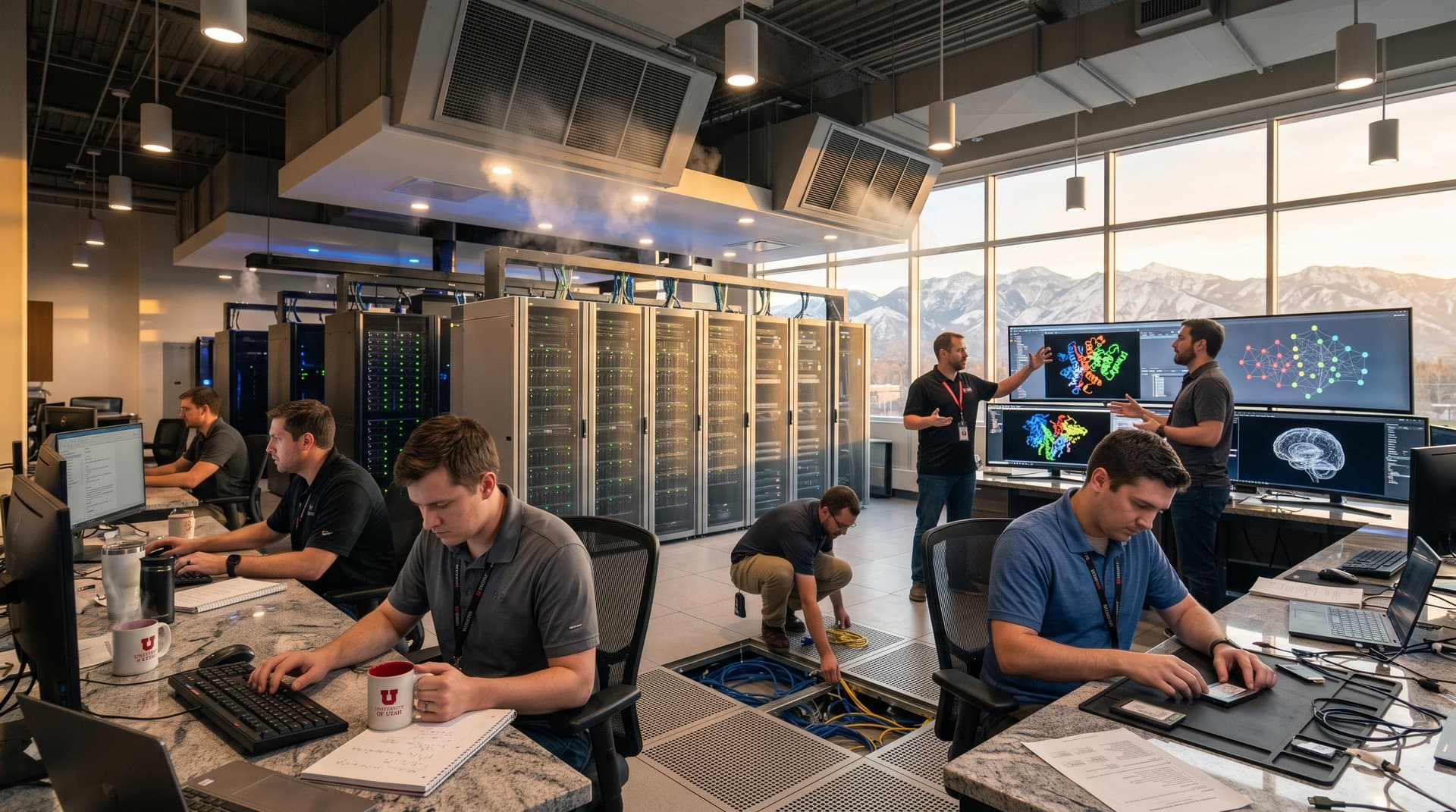 University of Utah ARCC data center with glowing server racks, AI protein simulations on monitors, and mountain view