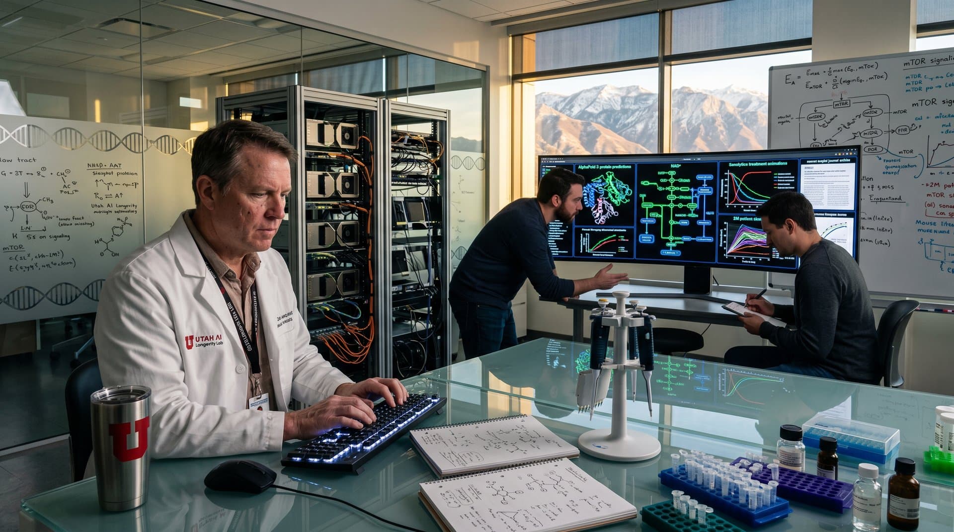 AI lab with protein simulations on monitors amid server racks and mountain view at University of Utah