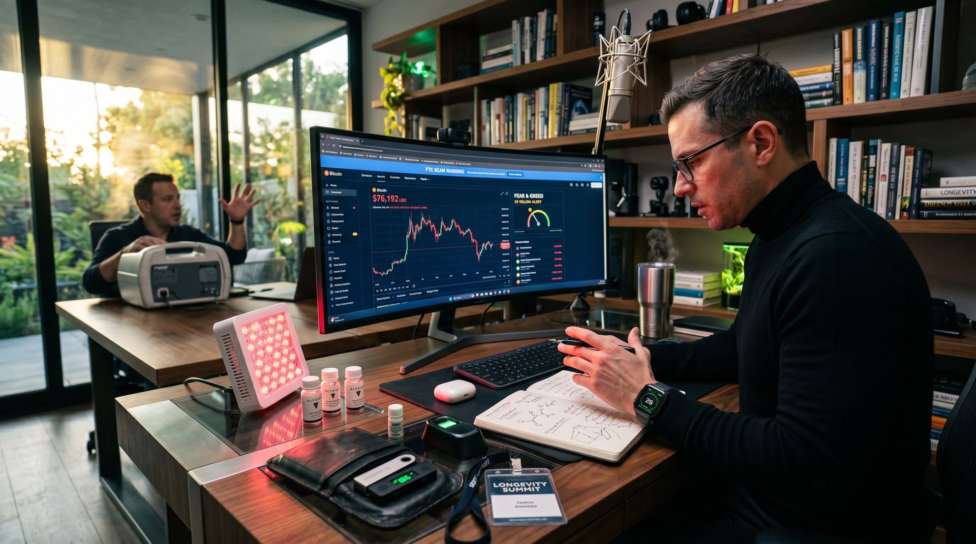 Biohacker desk with longevity tools, crypto scam alerts, Bitcoin charts at $76,192 and Fear & Greed Index 29