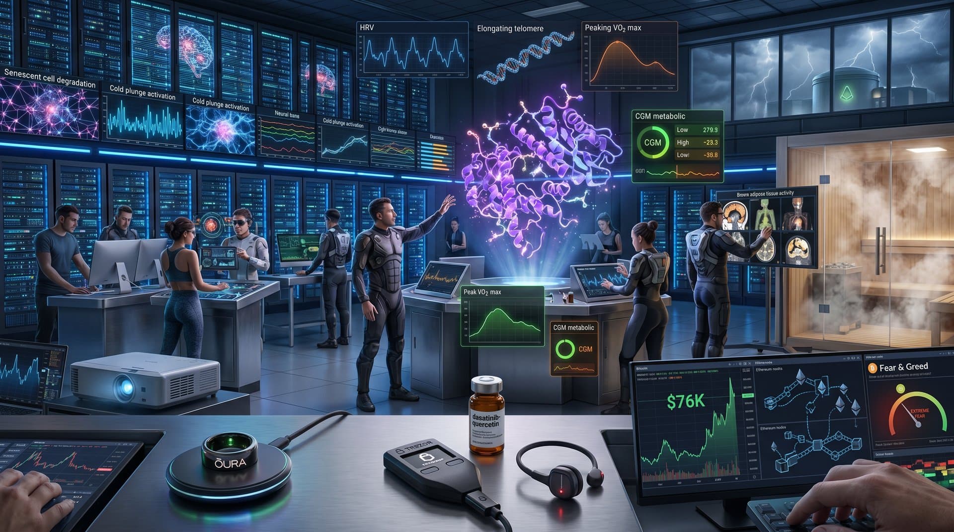 Abstract AI data surge visualization with protein folding models, longevity biomarkers, and crypto price charts in neon cyberpunk style