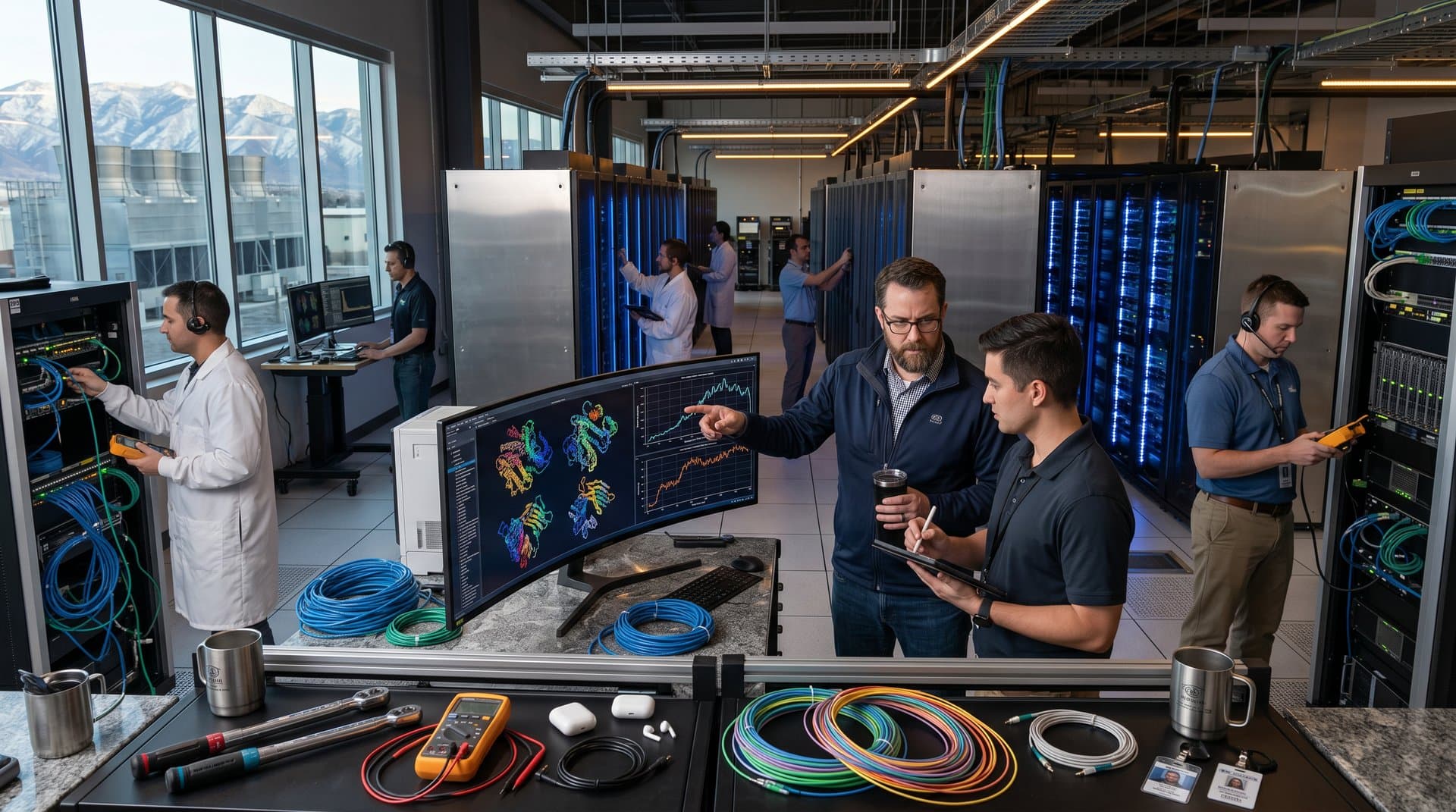 Glowing NVIDIA H100 servers and protein folding sims in Utah data center for longevity AI