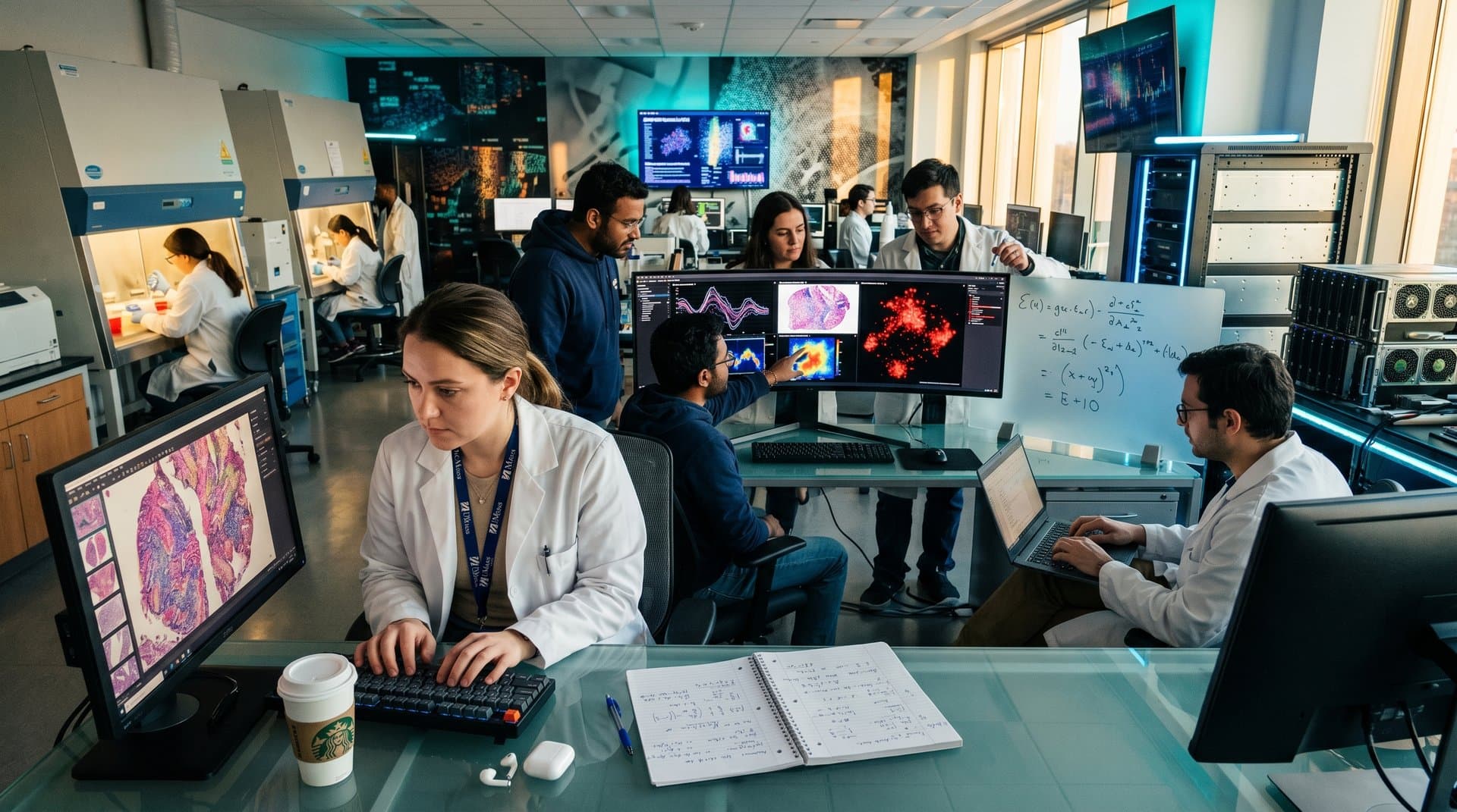 Scientists analyze AI-enhanced pathology scans on curved monitor in modern UMass Chan research lab with servers and data visualizations