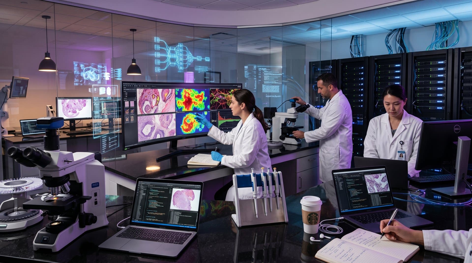 AI heatmaps on cancer tissue slides in high-tech diagnostics lab