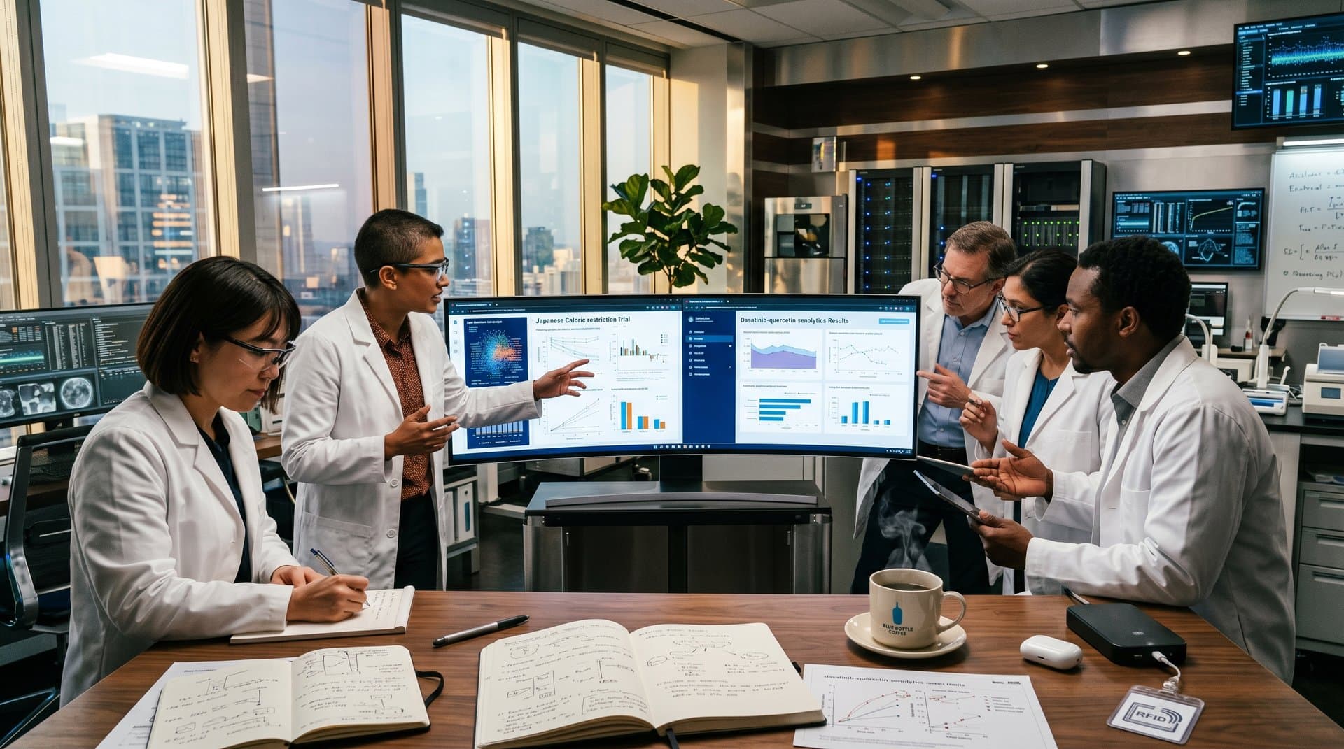 Longevity lab team analyzes AI-translated senolytics and caloric restriction studies on monitors amid modern tech setup