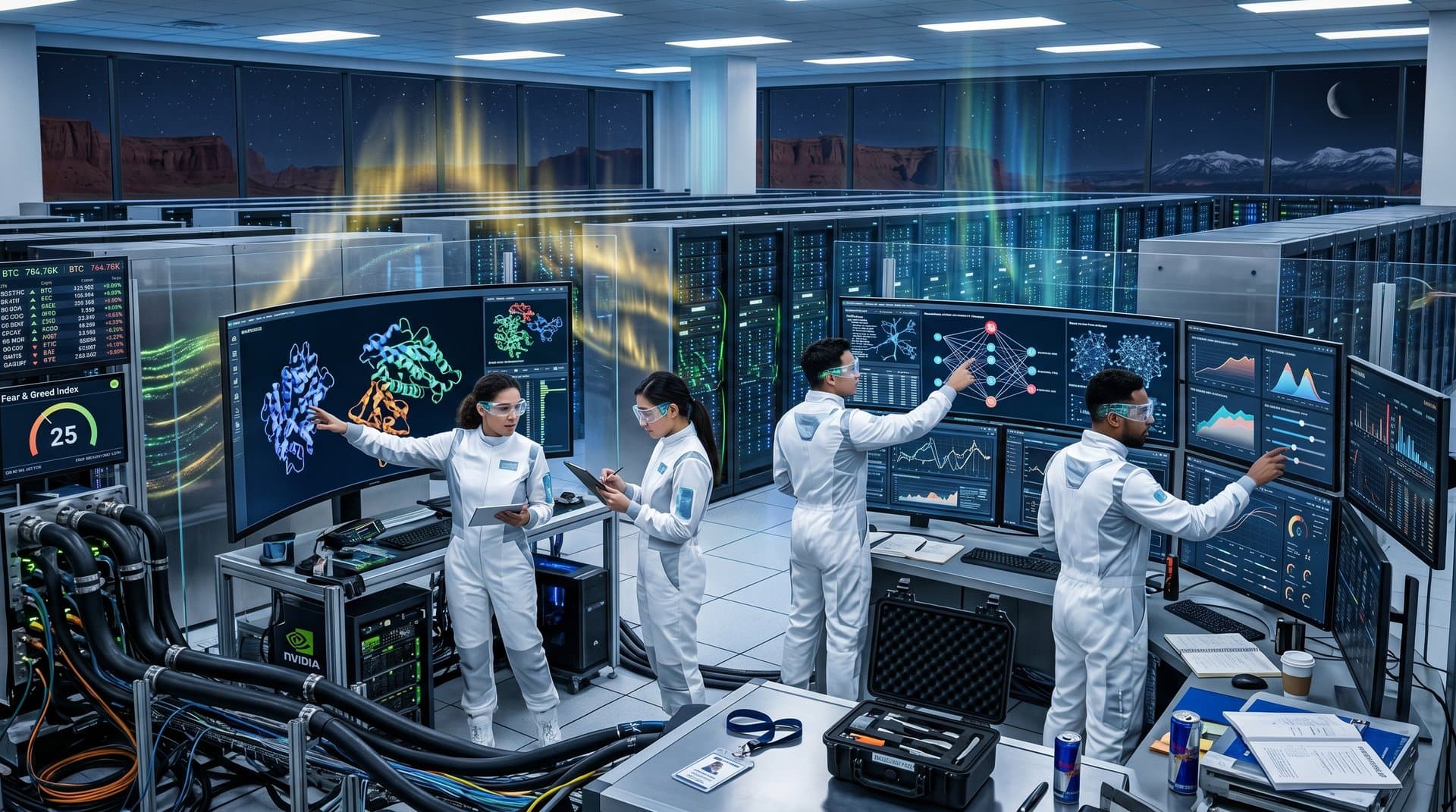 High-tech data center with supercomputer racks and AI simulations for longevity research