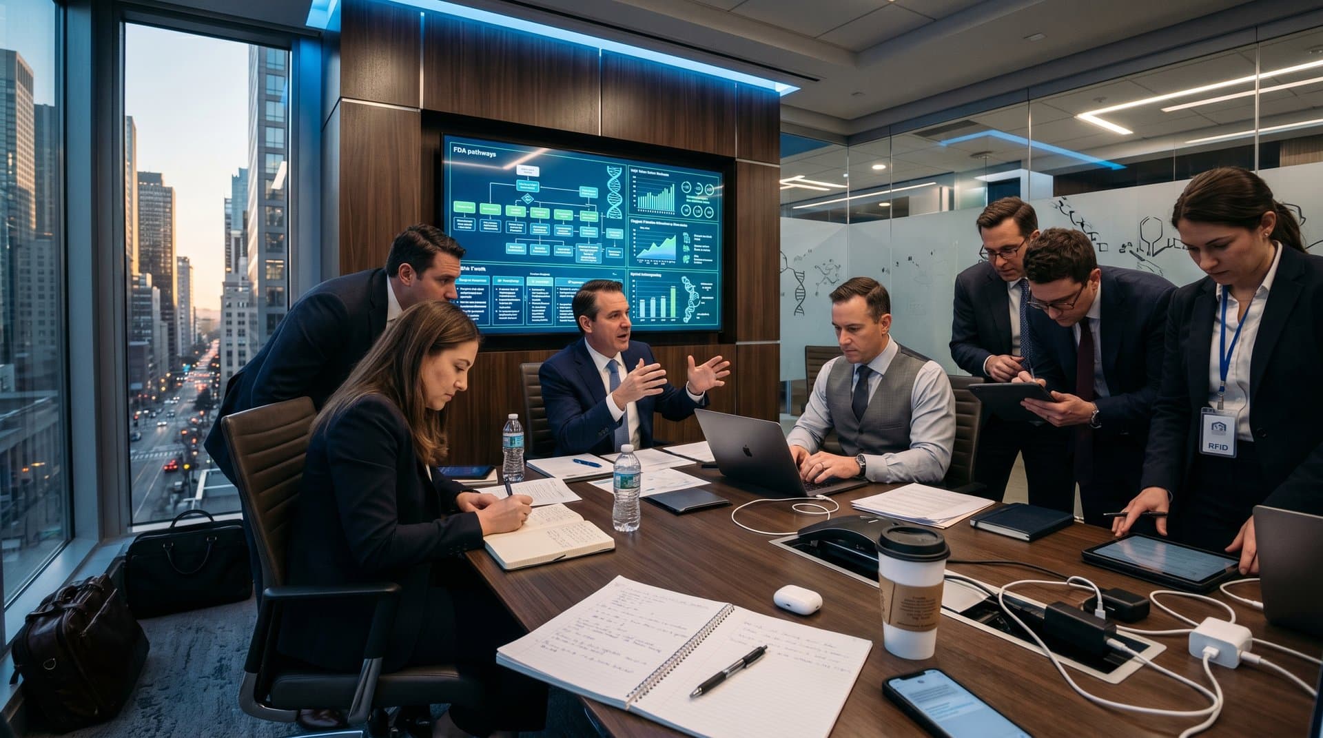 Conference room screens show agentic AI regulations, FDA flowcharts, longevity biotech data, Fear & Greed Index amid legal docs