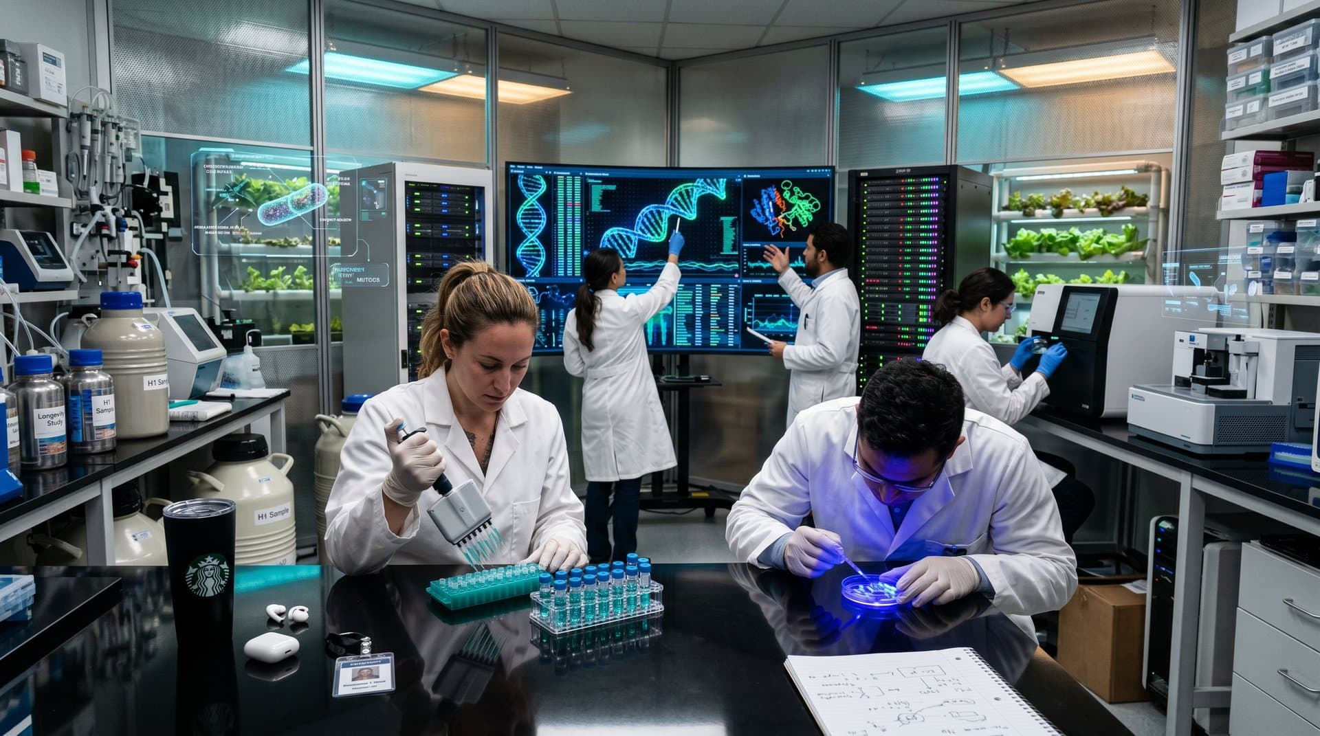 Futuristic genomics lab visualizing synthetic biology and longevity tech
