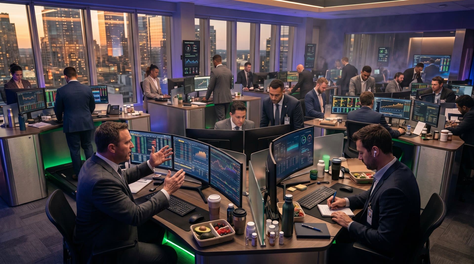 Traders analyze crypto skyrocket charts and biohacking nutrition data on modern trading floor