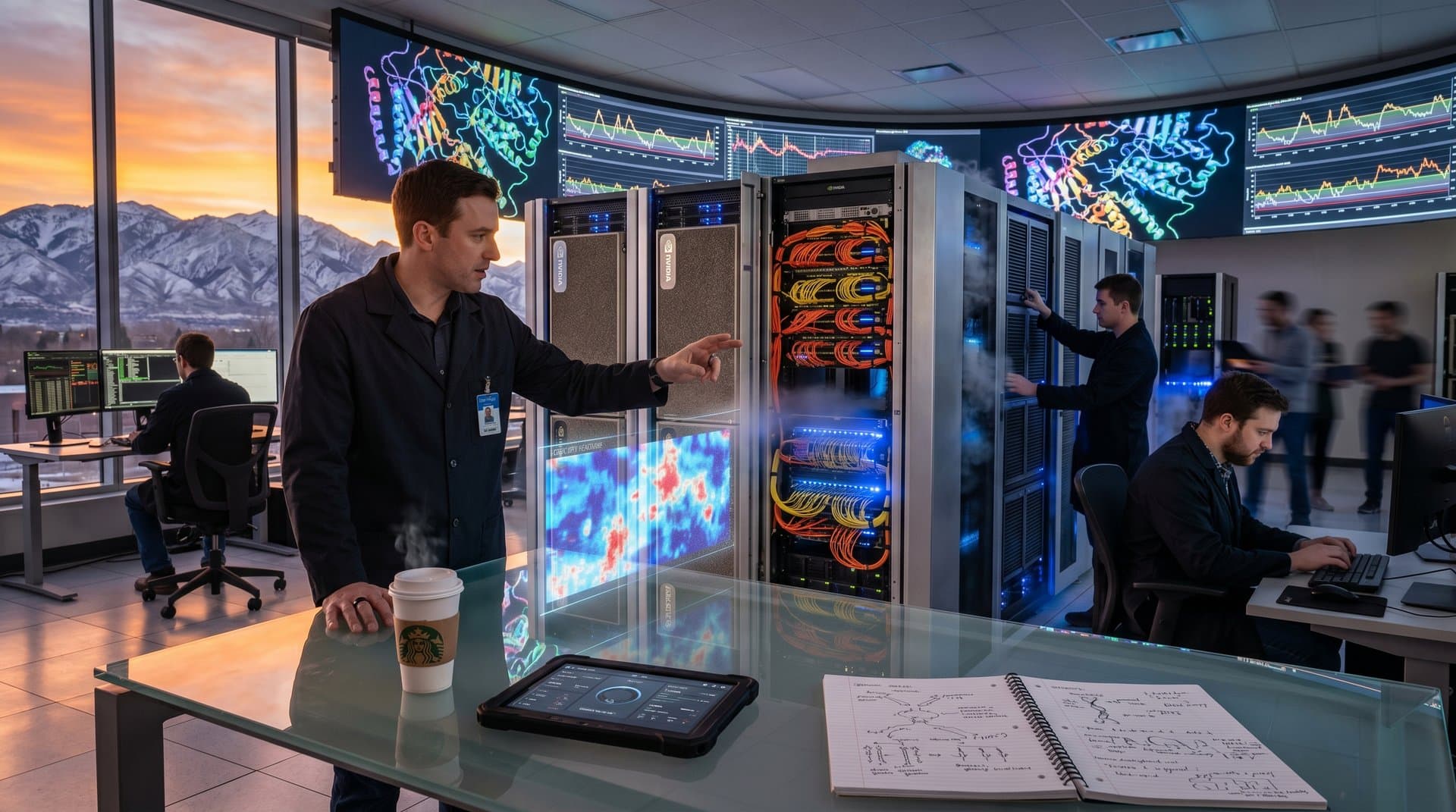 AI supercomputing lab with protein folding visualizations and genomic data screens amid server racks in Utah research center