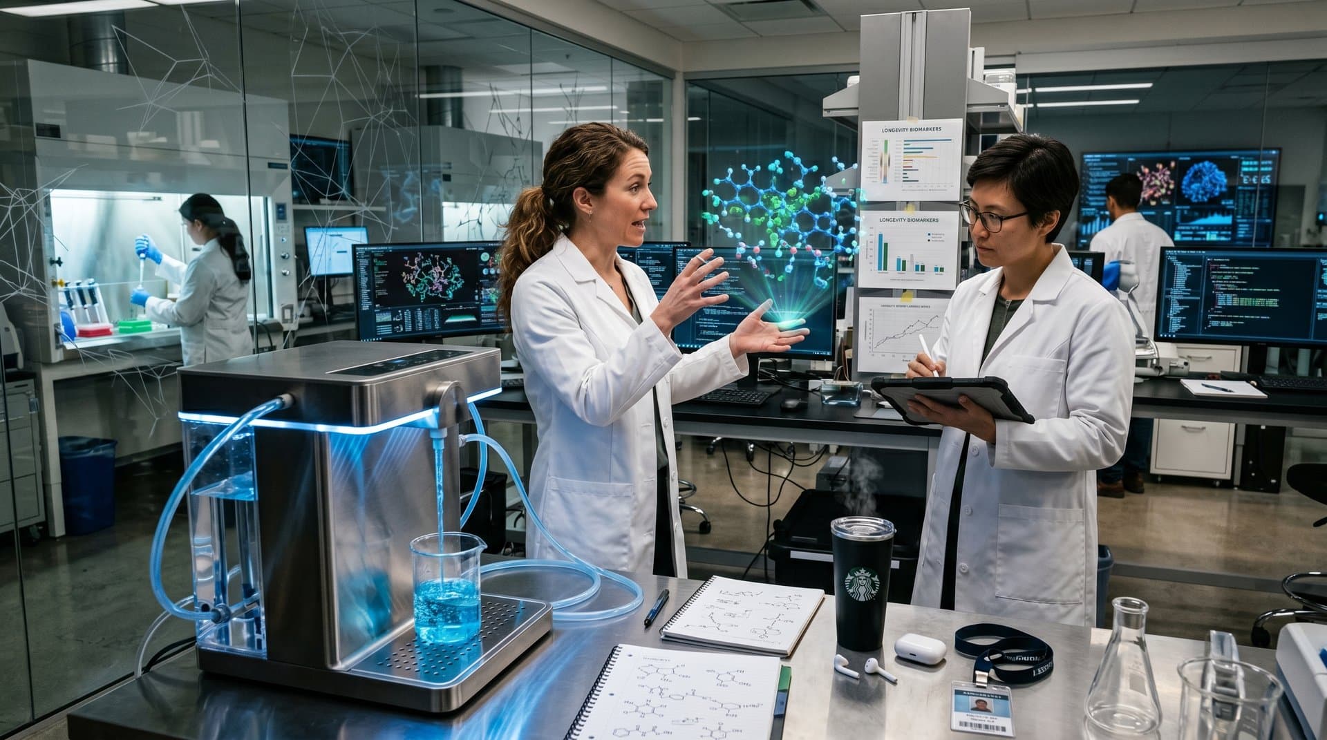 Biohacking lab with AI catalyst simulations and prototype water purifier for longevity protocols