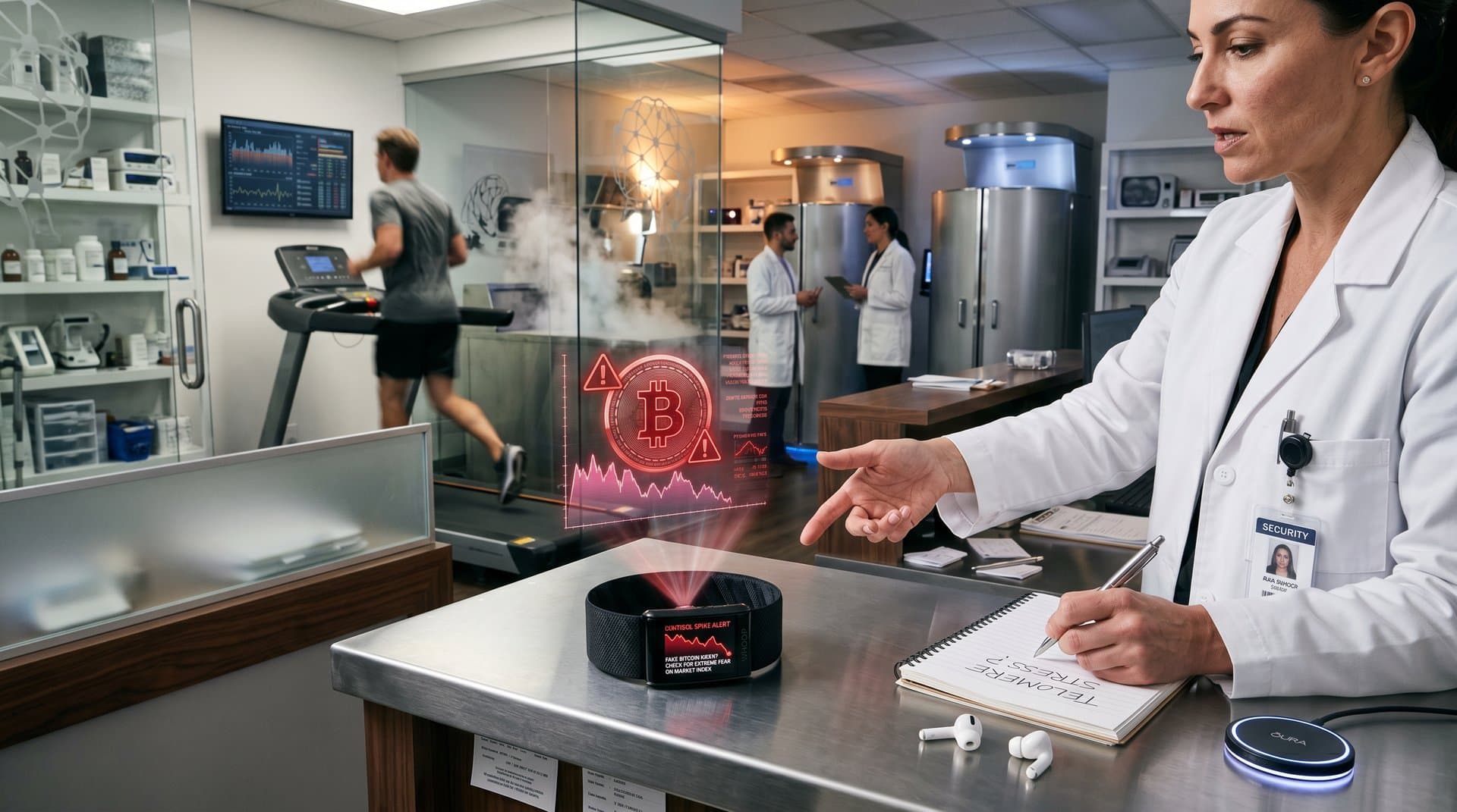 Longevity clinic with HRV wearable showing stress alert from crypto kiosk scam, Bitcoin $76K chart, blue LED lights