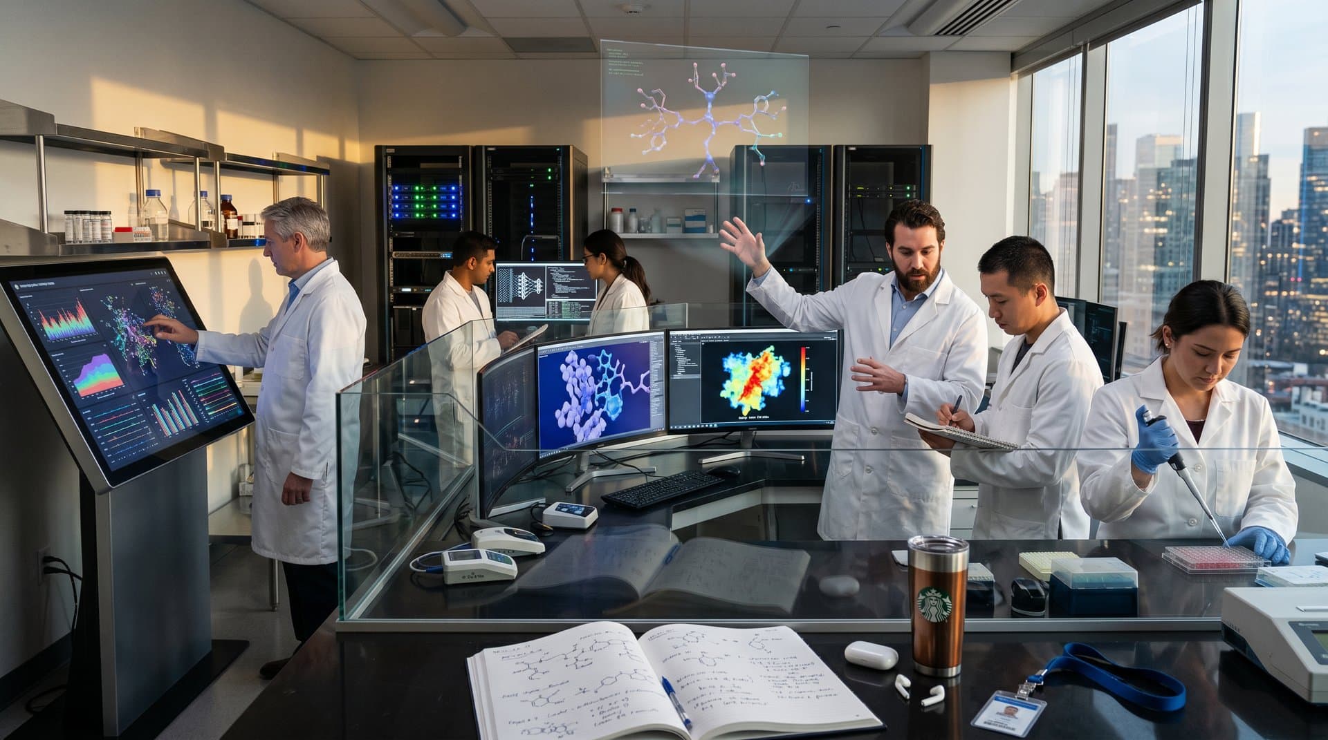 AI drug discovery lab with molecular models, data visualizations, and GPU servers