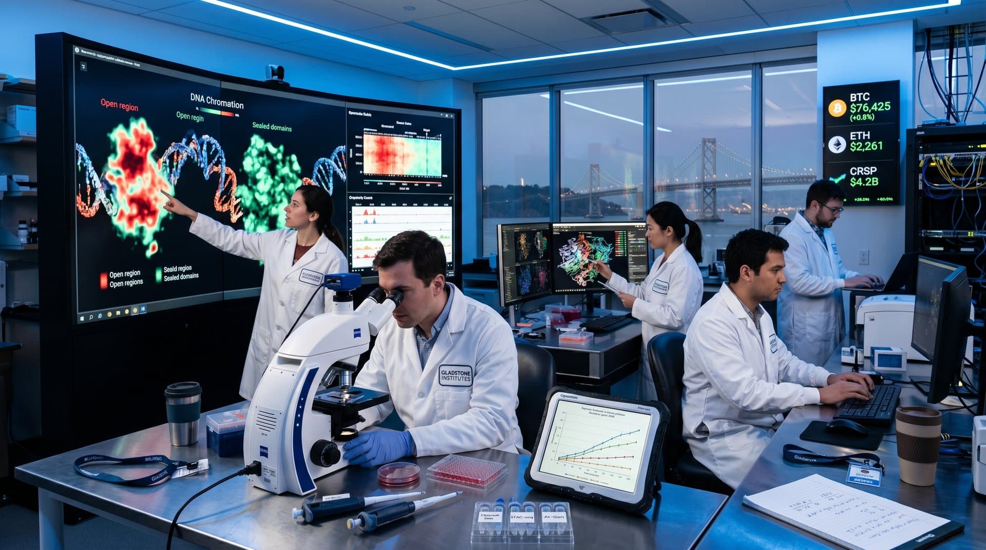 Gladstone Institutes researchers collaborate on AI-driven 3D DNA chromatin visualizations with lab equipment and data screens