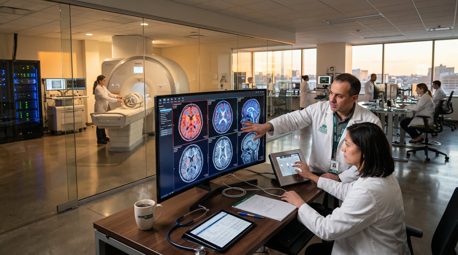 High-tech lab with AI-enhanced MRI brain scans highlighting early biomarkers at Medical College of Wisconsin