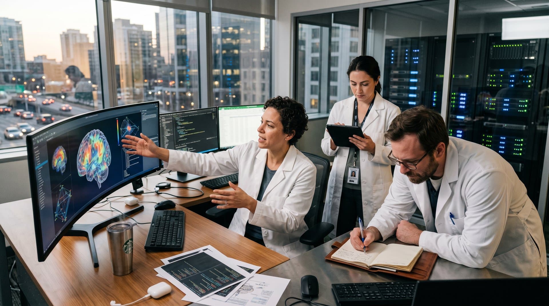 AI-processed medical scans on curved monitor in high-tech lab visualizing longevity radiology disruption