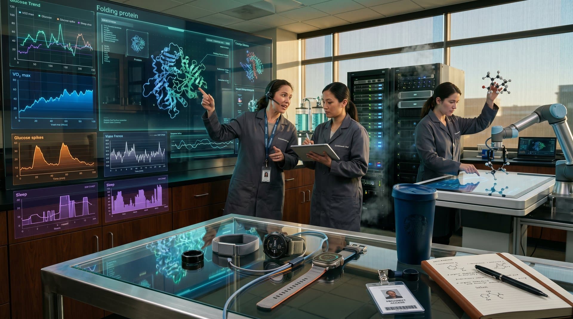 Advanced AI lab visualizing DeepMind protein structures, longevity biomarkers from wearables, and crypto-funded health tech dashboards
