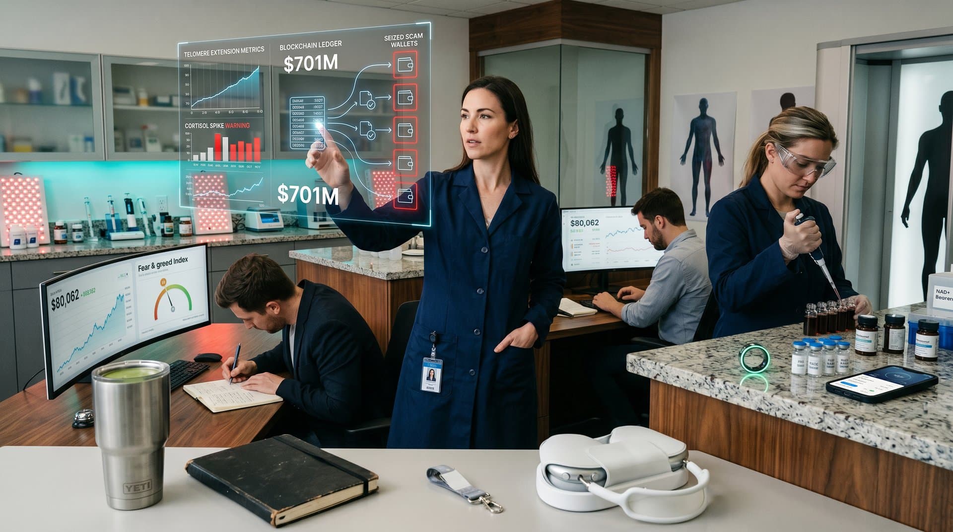 Biohacking lab monitors display crypto scam forensics, aging biomarkers, and seized assets amid holographic longevity data