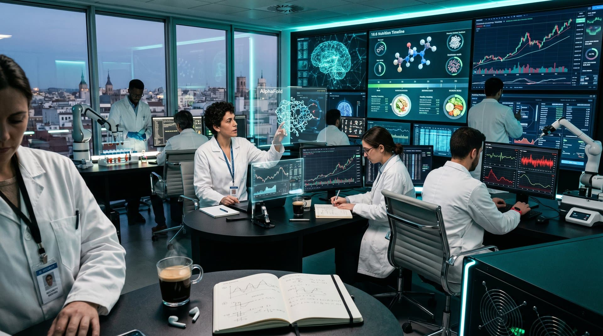 AI lab screens show neural networks, nutrition protocols, biomarkers, and crypto charts in a high-tech telecom facility