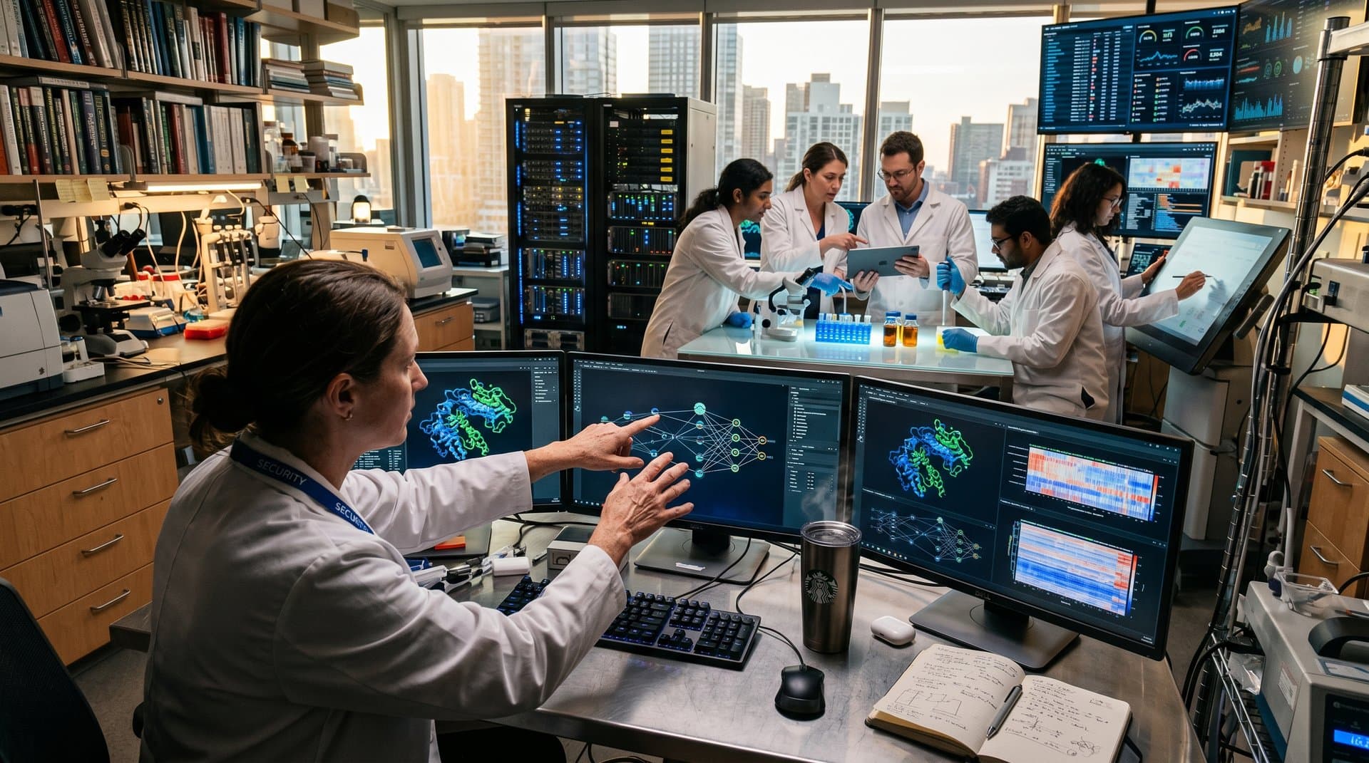 High-tech lab scene with scientists analyzing AI-driven protein models on multi-monitor setups amid server racks and data visualizations.