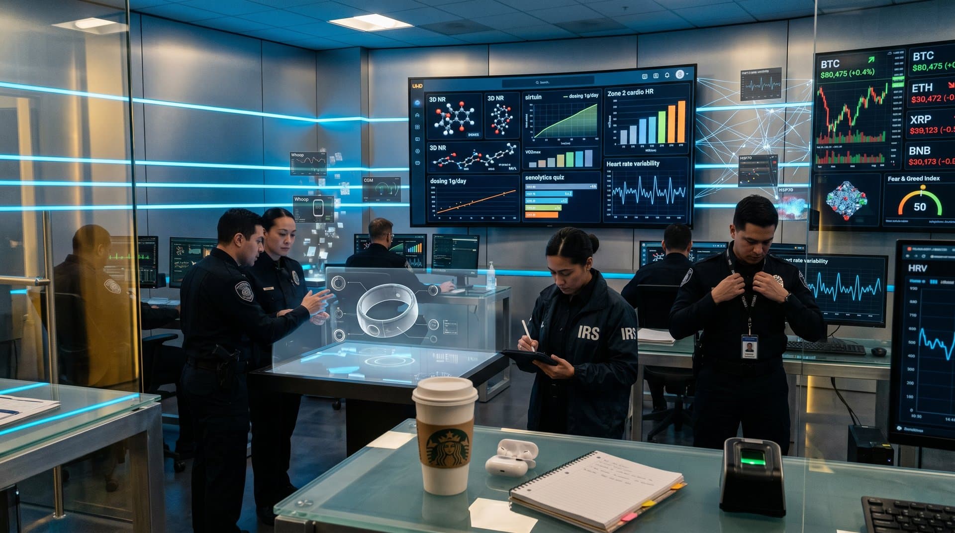 IRS AI training dashboard for biohacker certifications with longevity modules, BTC price ticker, and biometric charts in high-tech UI
