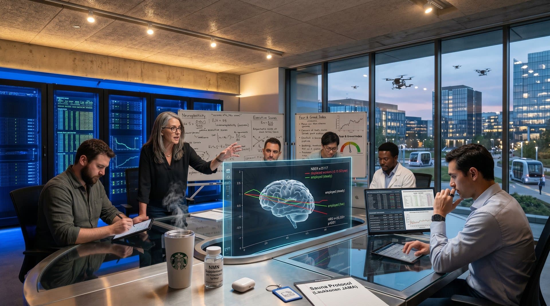 Longevity lab team analyzes AI-modeled brain health data on monitors amid biotech innovation scene