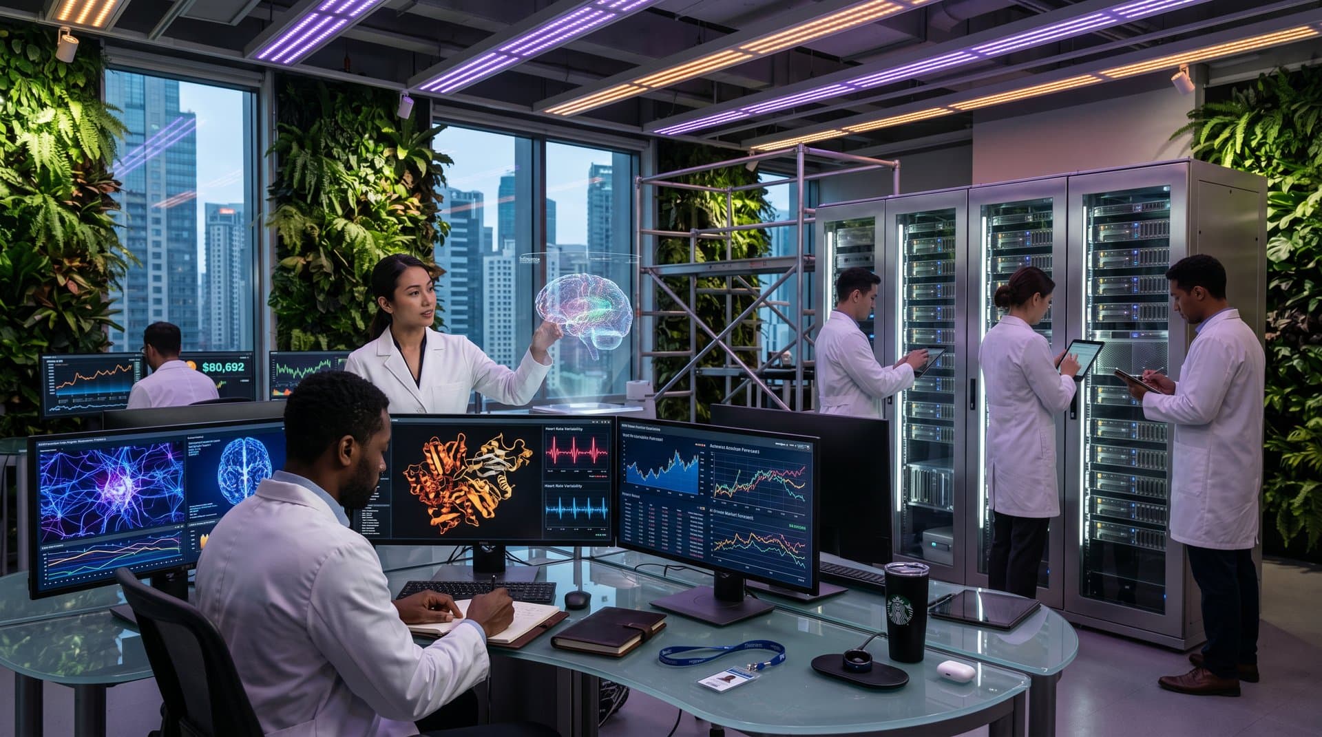 AI researchers in longevity lab analyzing brain models and biotech data on advanced monitors amid glowing servers