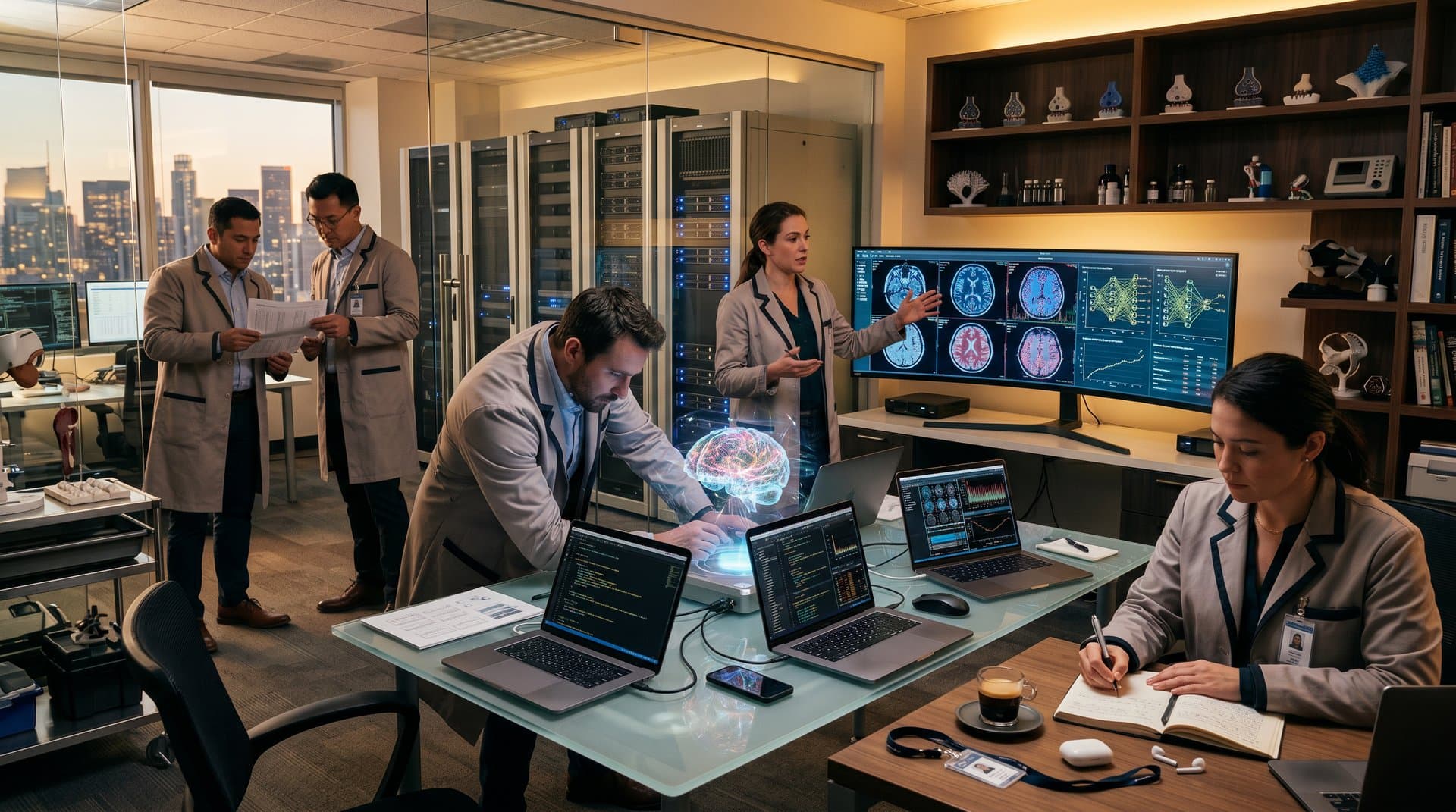 High-tech lab with brain scans, AI models on monitors, holographic projections, and glowing server racks