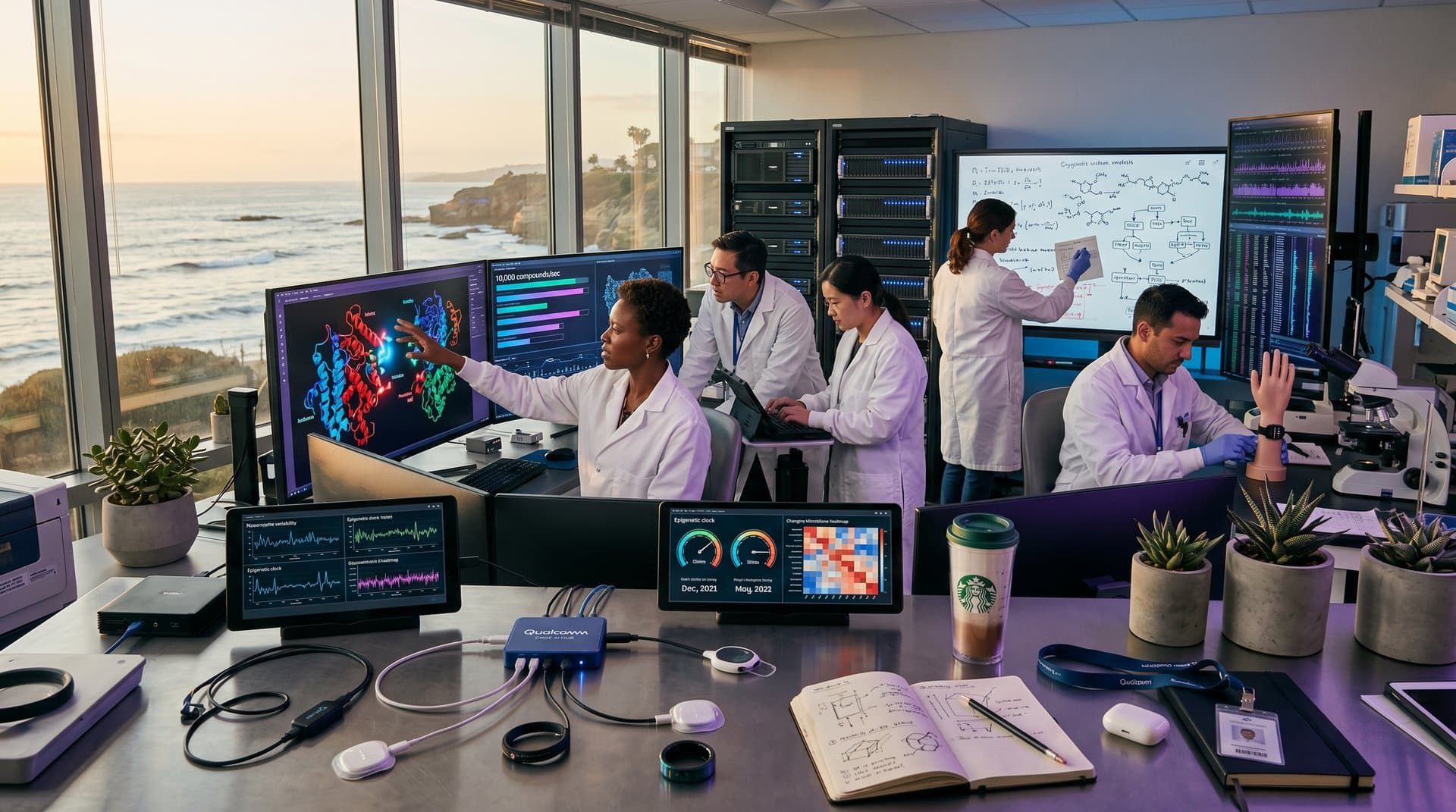 AI longevity research lab with protein models, scientists, and high-tech screens in coastal setting