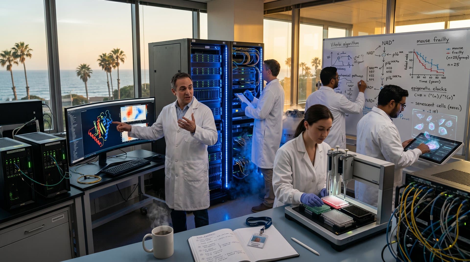 High-tech biotech lab at Sanford Burnham with AI protein models, researchers, and computing infrastructure for longevity research