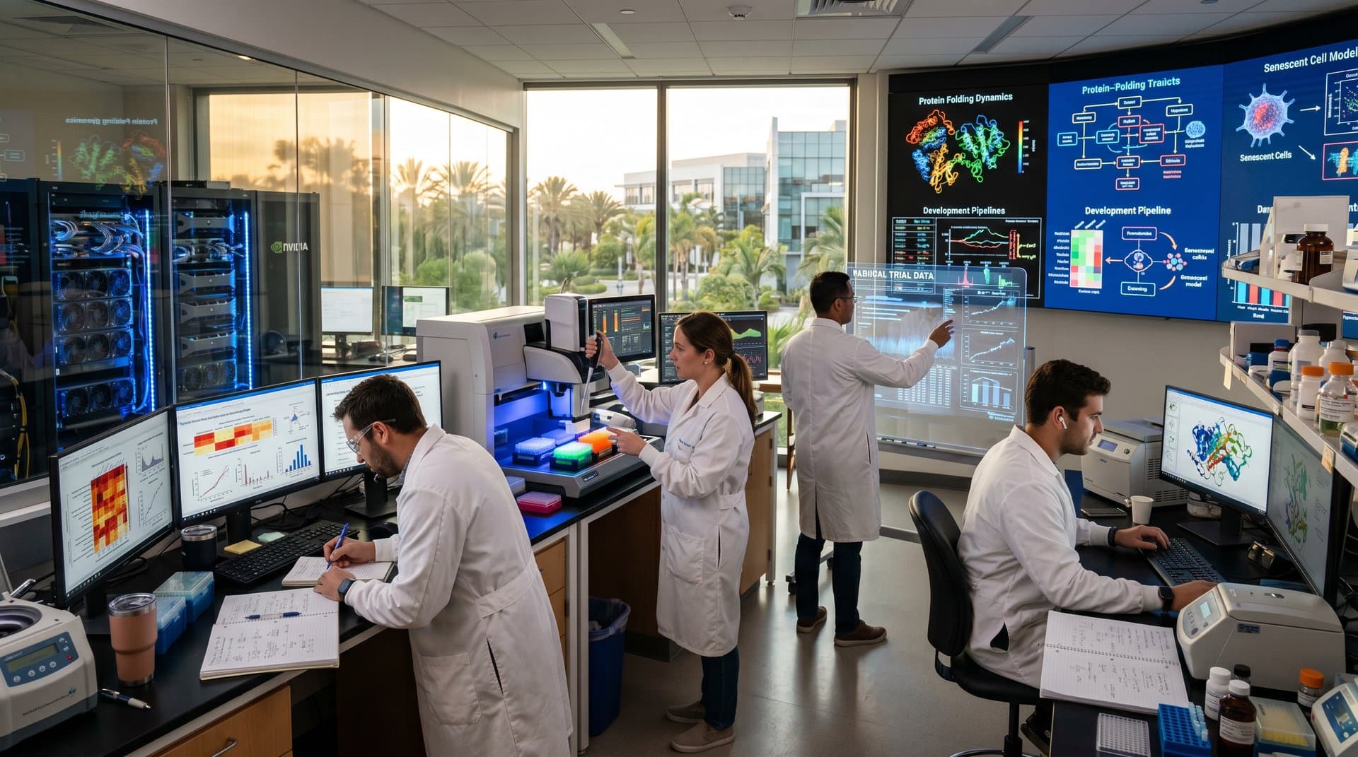 Researchers analyze AI-generated protein folding models on curved screens in modern biomedical lab with robotic equipment and glass walls