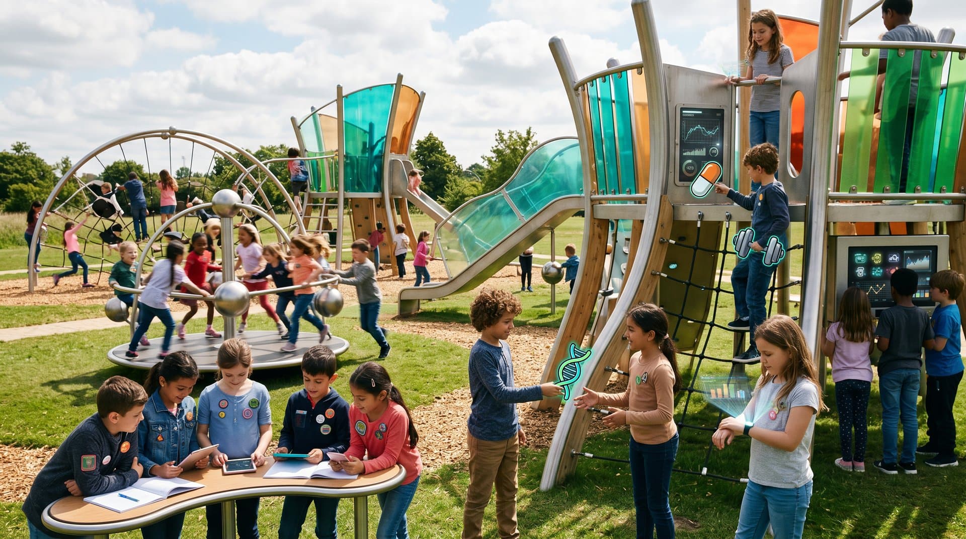 Playground with crypto token stickers, blockchain holograms, and biohacking wellness charts