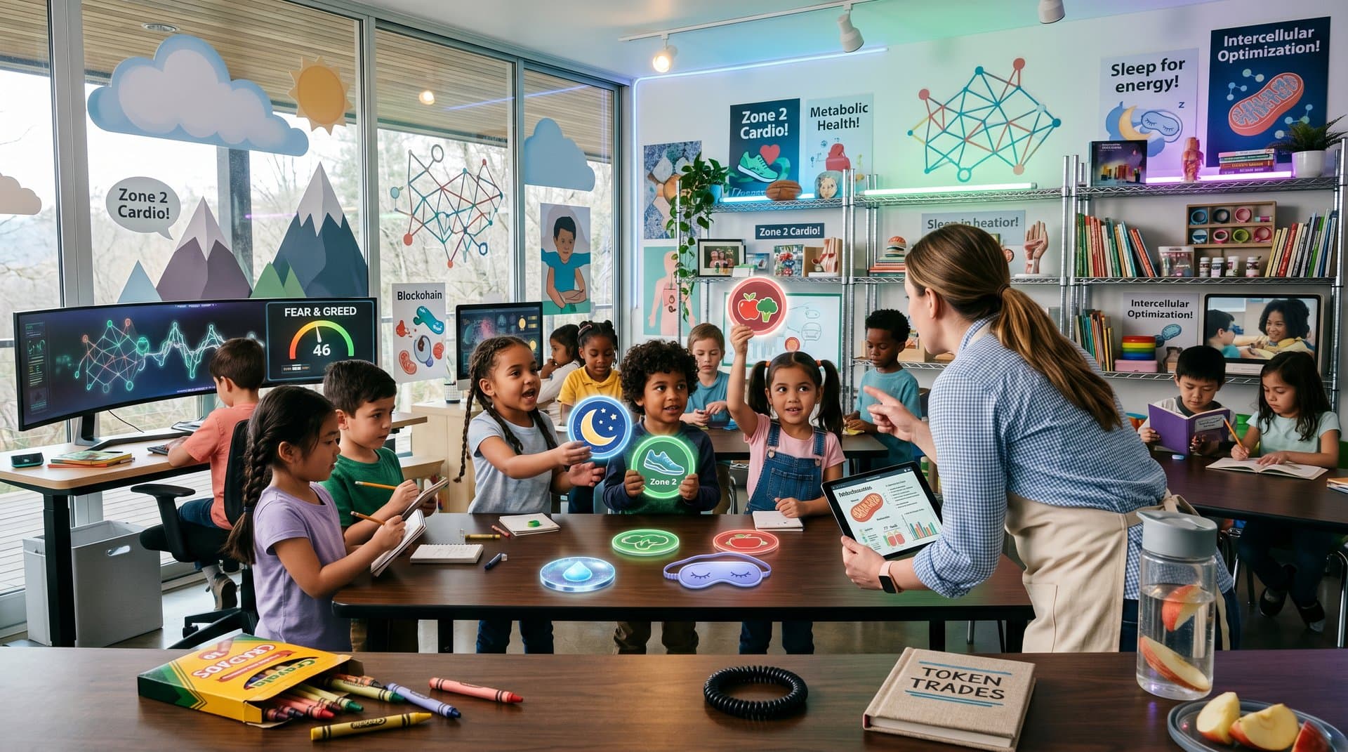 Kindergarten teacher and kids trading wellness tokens in classroom with blockchain overlay