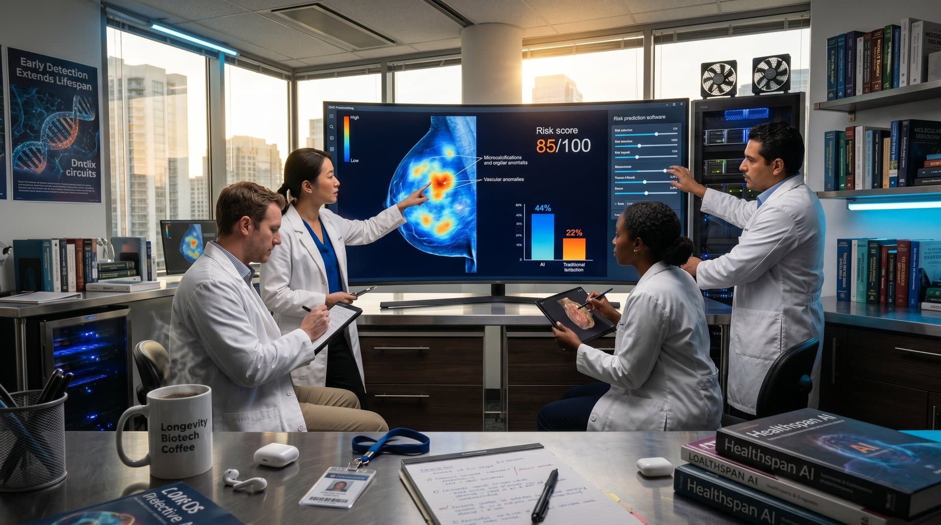 AI research team analyzes mammogram heatmaps on monitors in a high-tech lab focused on breast cancer detection