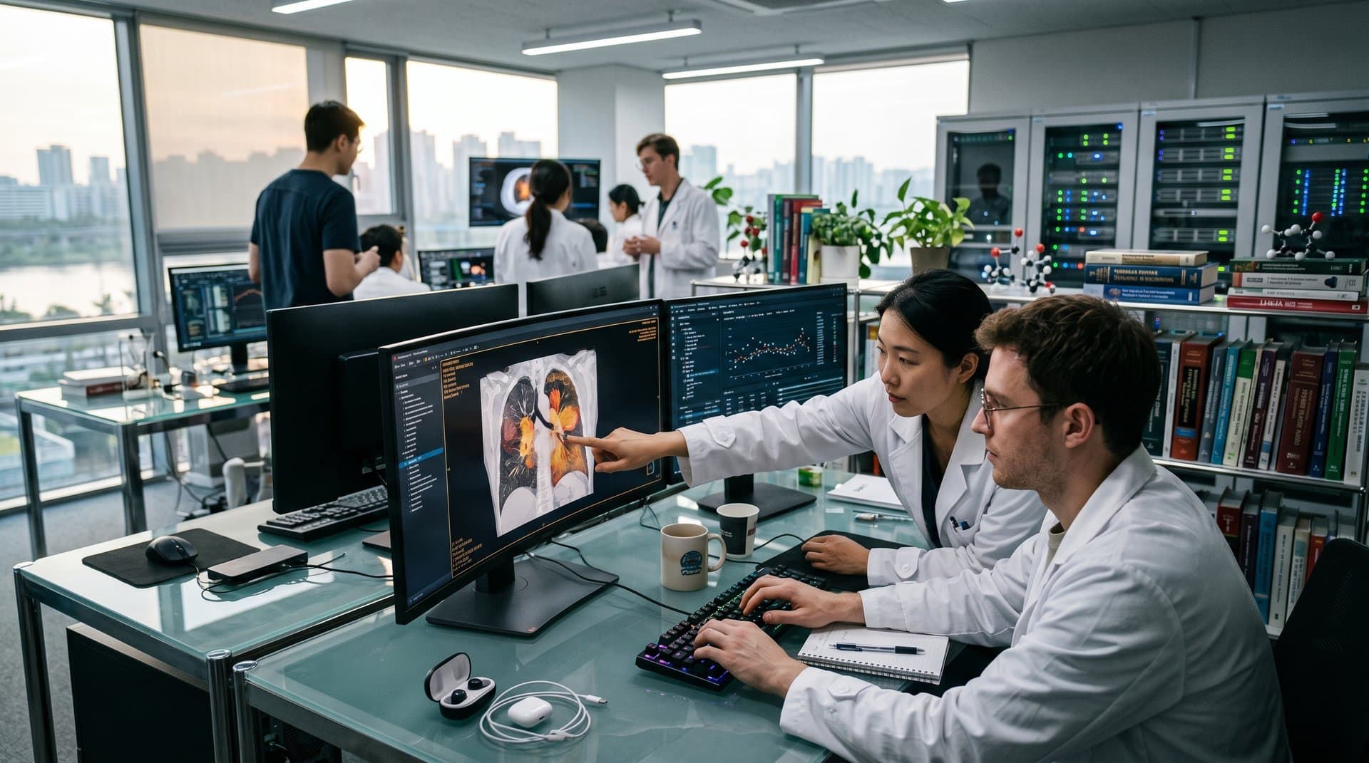 High-tech lab with monitors displaying AI-analyzed 3D lung CT scans and nodule heatmaps