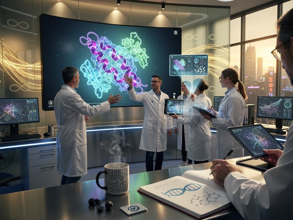 Abstract 3D protein folding visualization with AI neural networks and longevity biotech elements