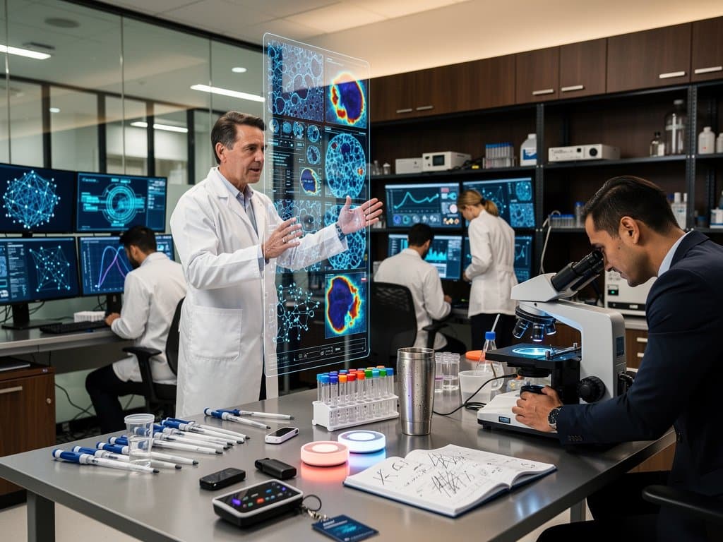 AI-analyzed cell microscopy with heatmaps in high-tech lab setup featuring microscopes and monitors