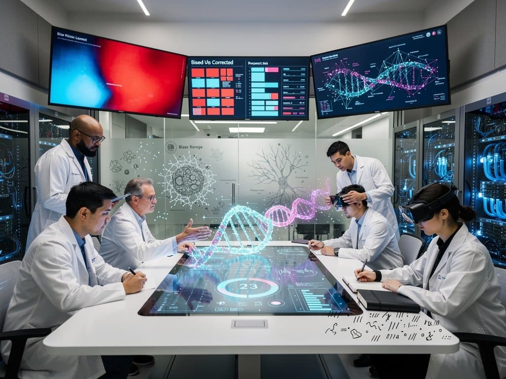 AI lab with bias heatmaps on prompt coaching interfaces, server racks, neural diagrams, longevity charts, and city skyline.