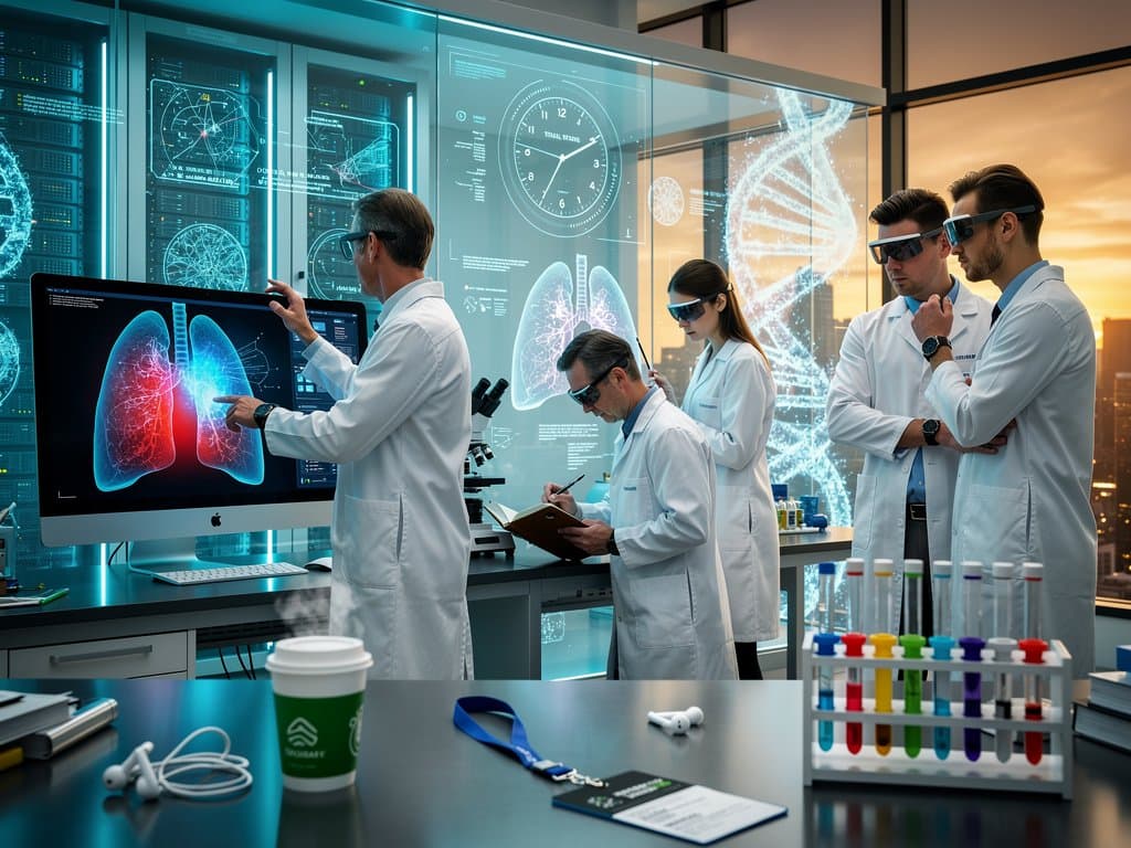 AI medical tools analyzing diagnostic scans in modern lab with heatmaps and neural networks