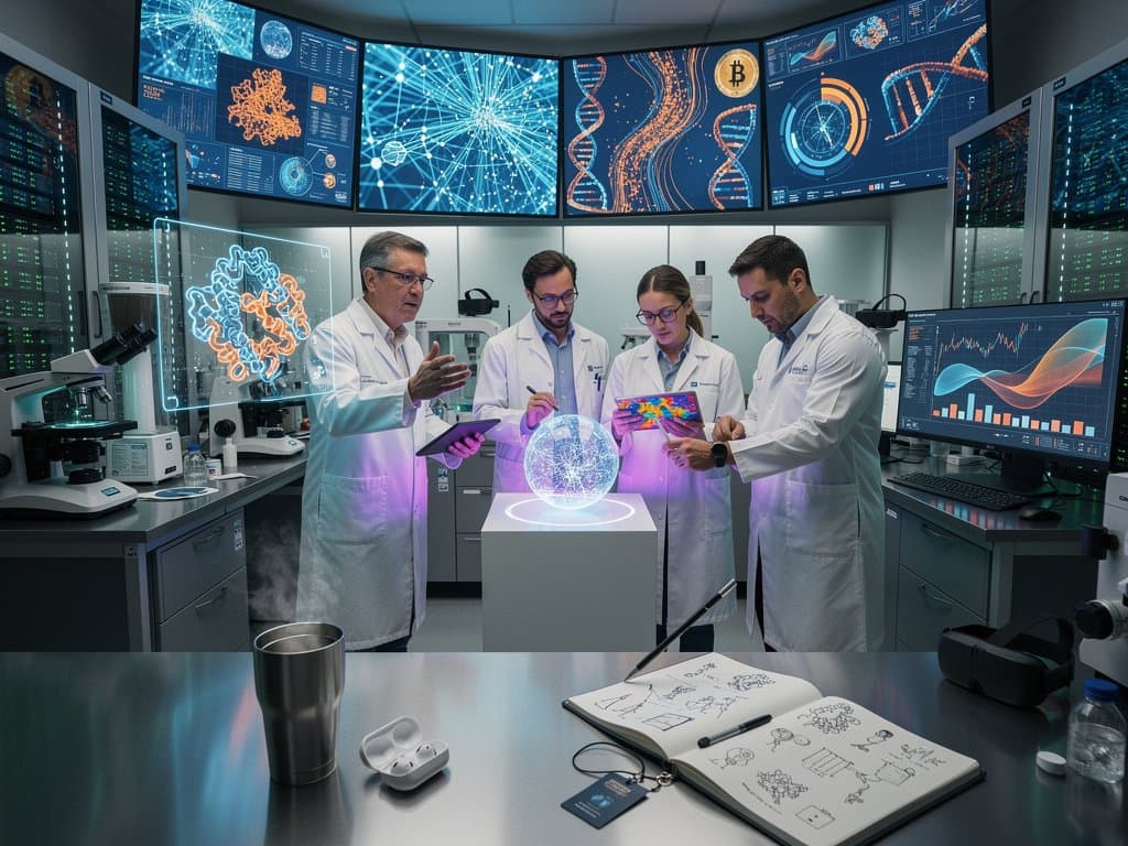 Futuristic AI diagnostics lab with protein structures, biomarkers, and crypto charts in holographic displays