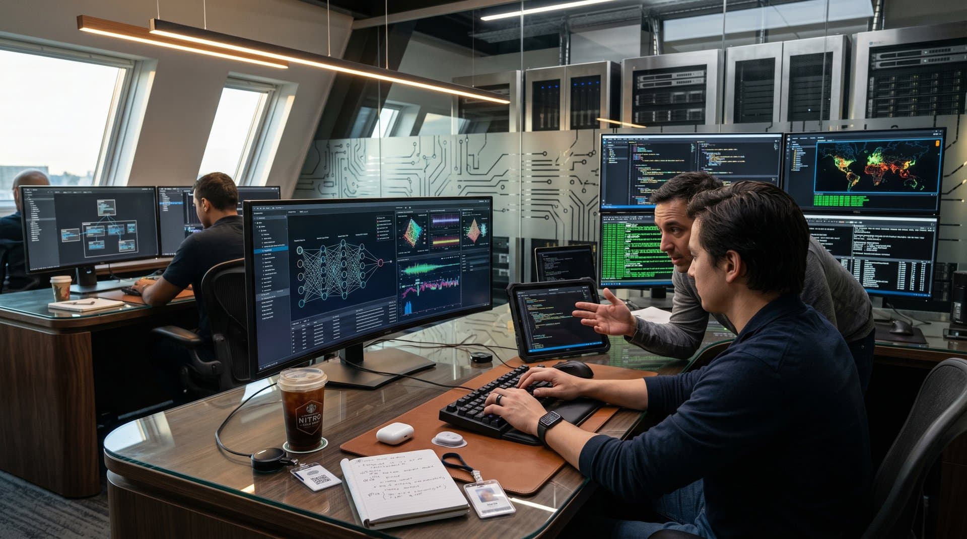 Futuristic AI lab with wearables, monitor displaying cybersecurity threats and biometric data overlays near server racks